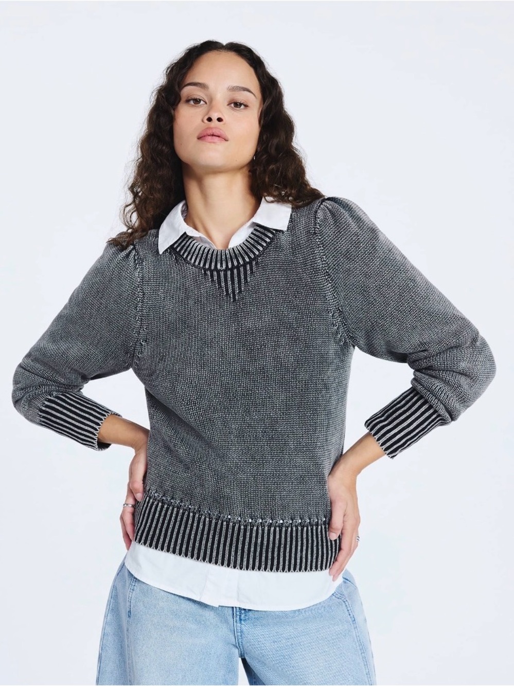 NWT Scoop Puff Sleeve Contrast Knit Sweater Size Large
